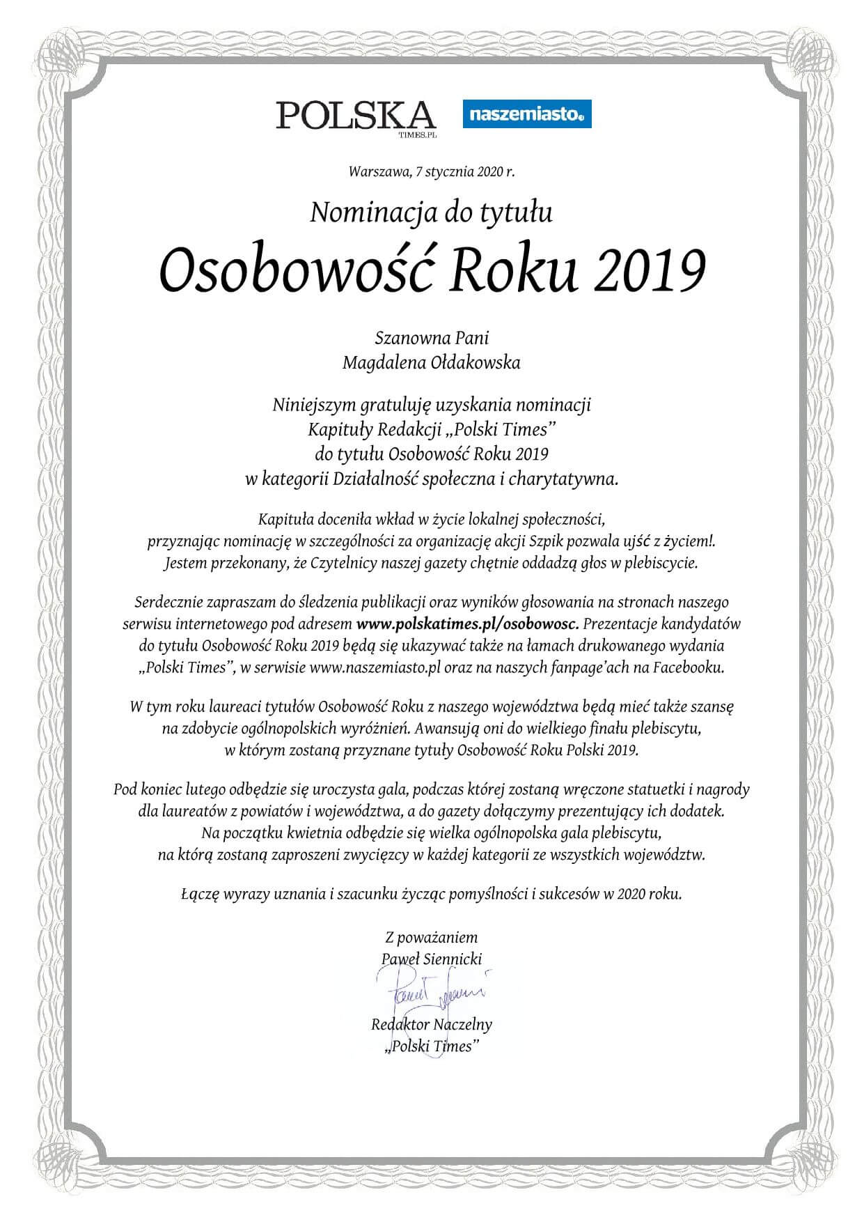 Magdalena Ołdakowska nominowana do&nbsp;tytułu „Osobowość Roku 2019” w&nbsp;ogólnopolskim plebiscycie Polska Times!